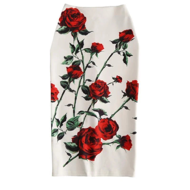 Y2K Red Rose Print Pencil Skirt
