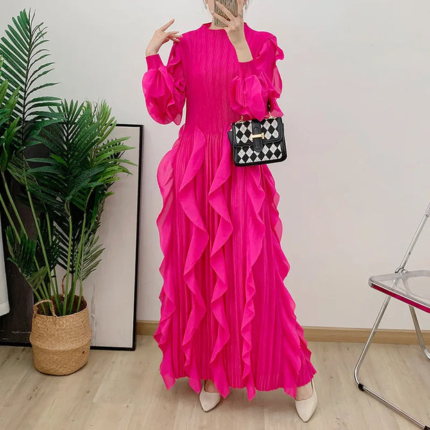 Fashion Ruffle Flare Pleated Maxi Dress
