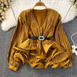 Lantern Sleeve V-Neck Ruffle Blouse