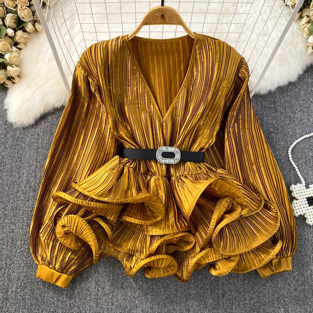Lantern Sleeve V-Neck Ruffle Blouse