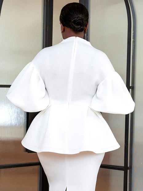 White Party Peplum V Neck Blouse (Top only)