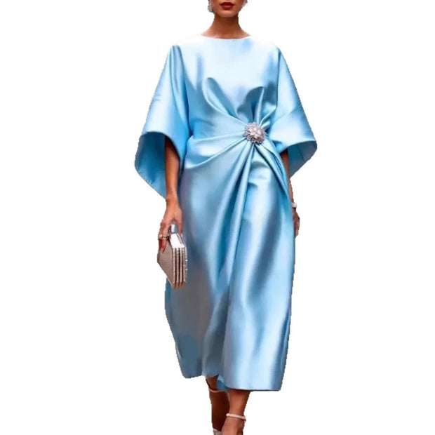 Elegant Champagne Cocktail Party Satin Midi Dress