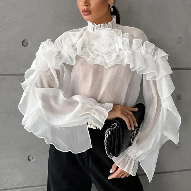 French Temperament Mesh Ruffled Blouse