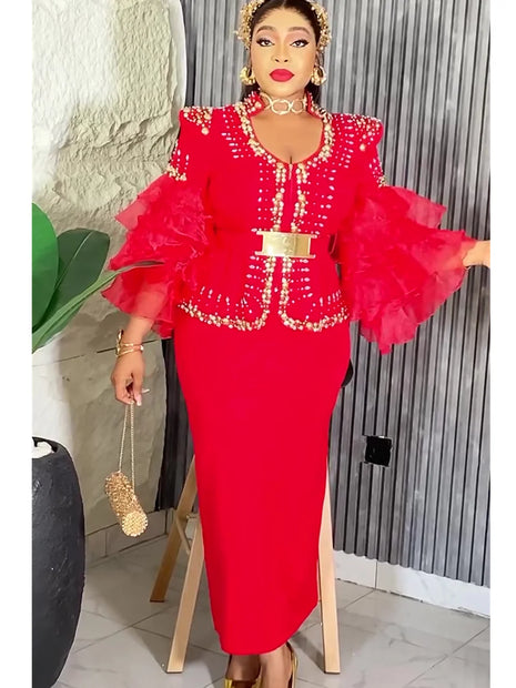 Elegant African Ruffle Lace Sleeve Dress
