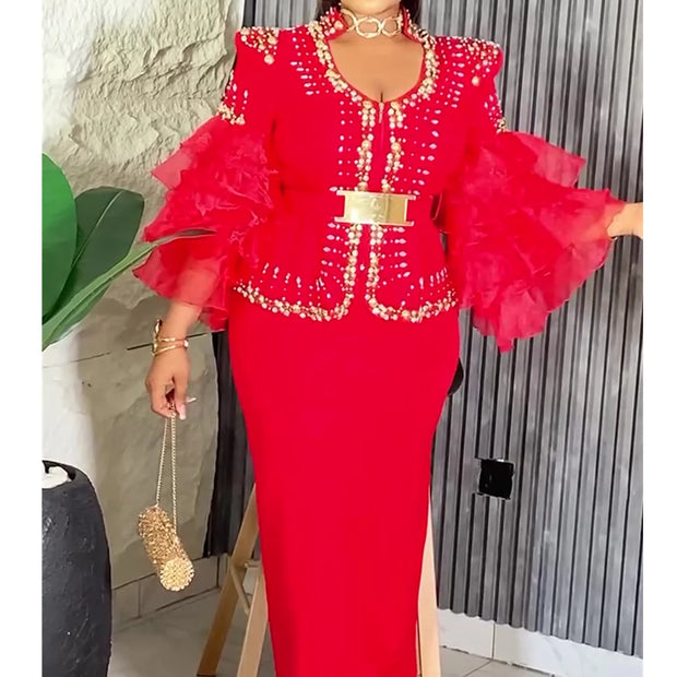 Elegant African Ruffle Lace Sleeve Dress