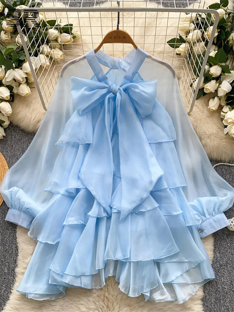 Summer Ruffle Bow Lantern Sleeve Chiffon Blouse