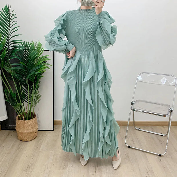 Fashion Ruffle Flare Pleated Maxi Dress