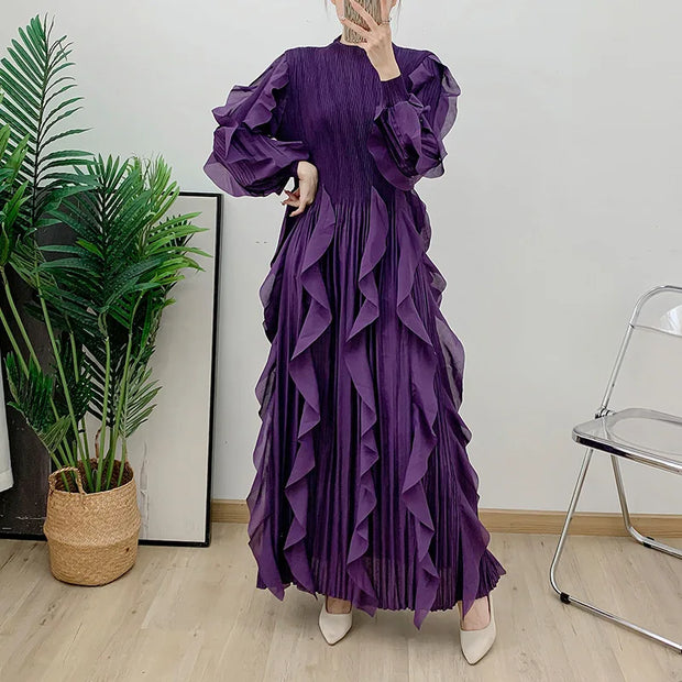 Fashion Ruffle Flare Pleated Maxi Dress