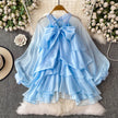 Summer Ruffle Bow Lantern Sleeve Chiffon Blouse