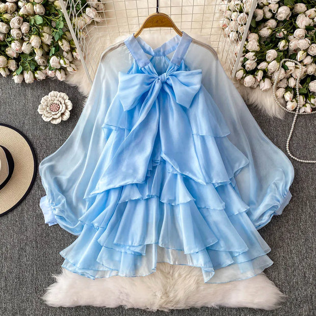 Summer Ruffle Bow Lantern Sleeve Chiffon Blouse