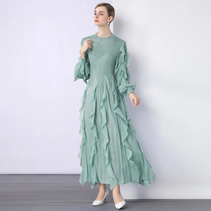 Fashion Ruffle Flare Pleated Maxi Dress