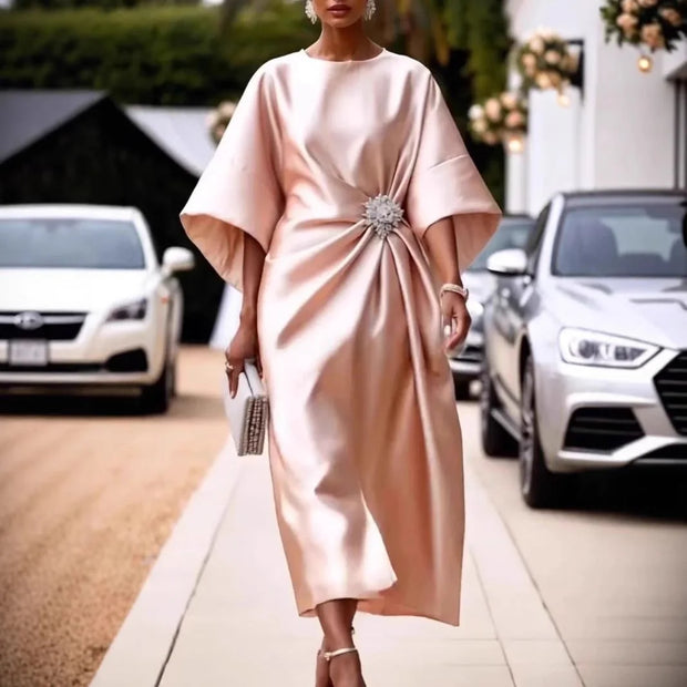 Elegant Champagne Cocktail Party Satin Midi Dress