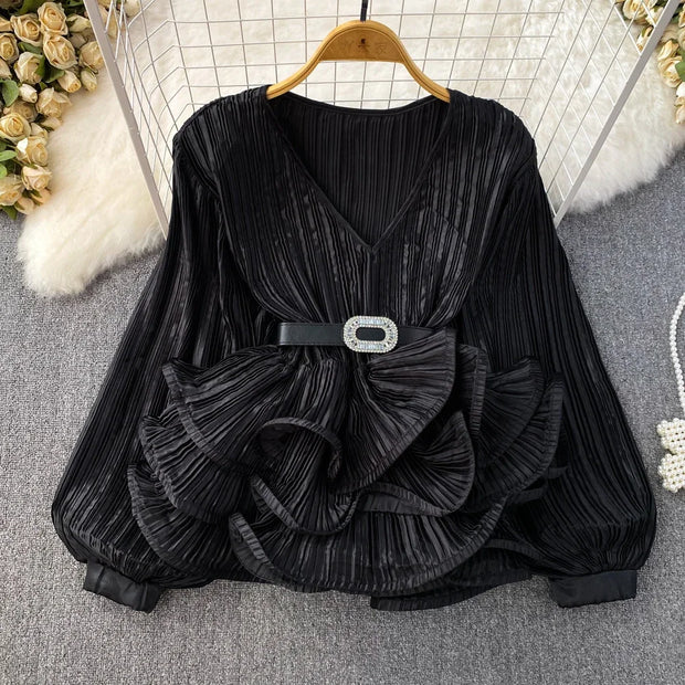 Lantern Sleeve V-Neck Ruffle Blouse