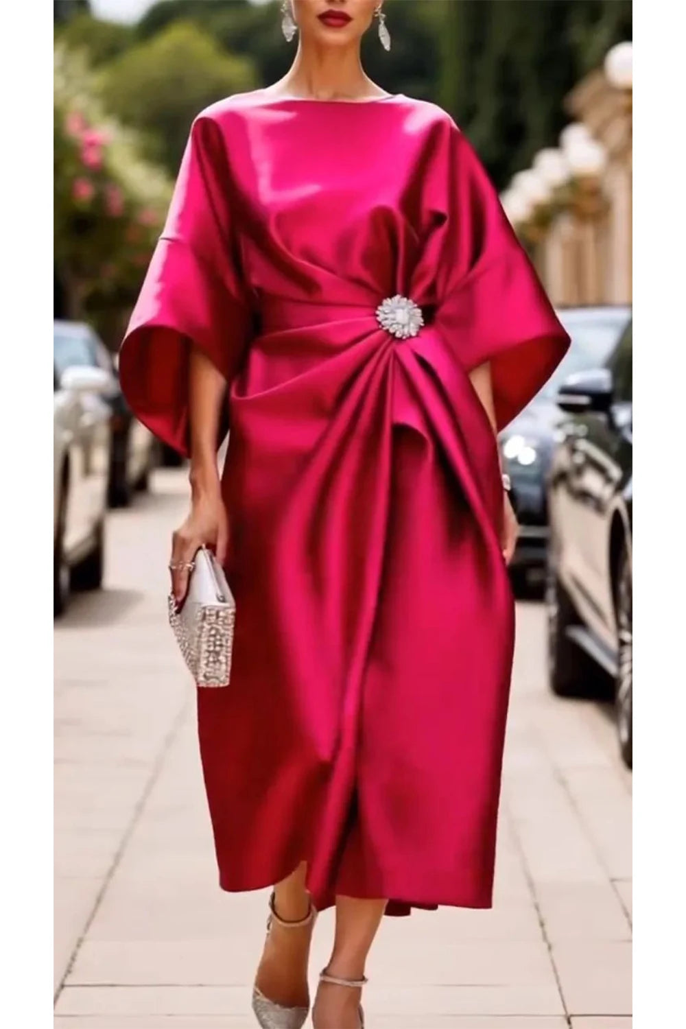 Elegant Champagne Cocktail Party Satin Midi Dress