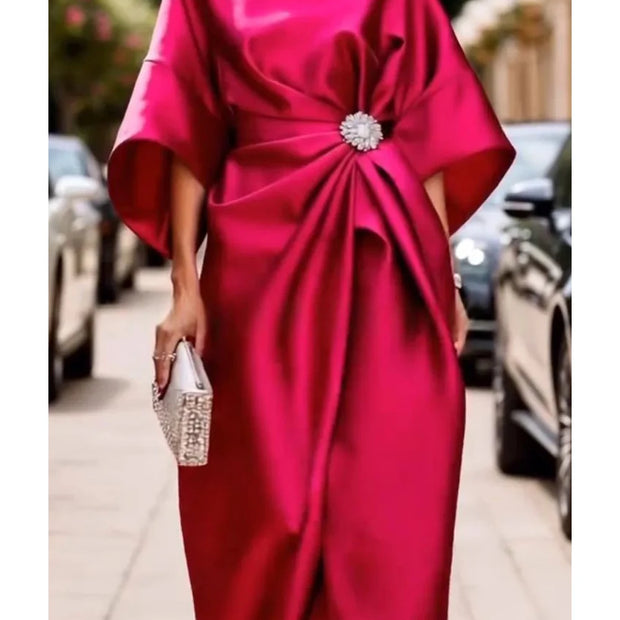 Elegant Champagne Cocktail Party Satin Midi Dress