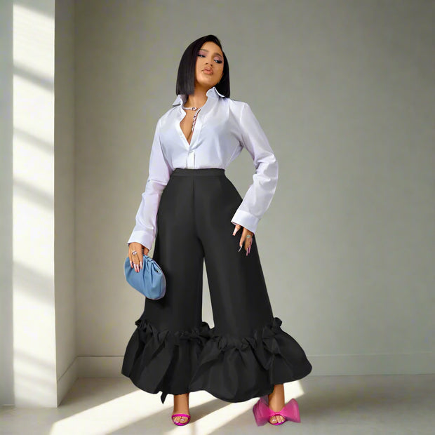 Elegant High-Waist Ruffle Hem Wide-Leg Pants