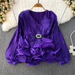 Lantern Sleeve V-Neck Ruffle Blouse