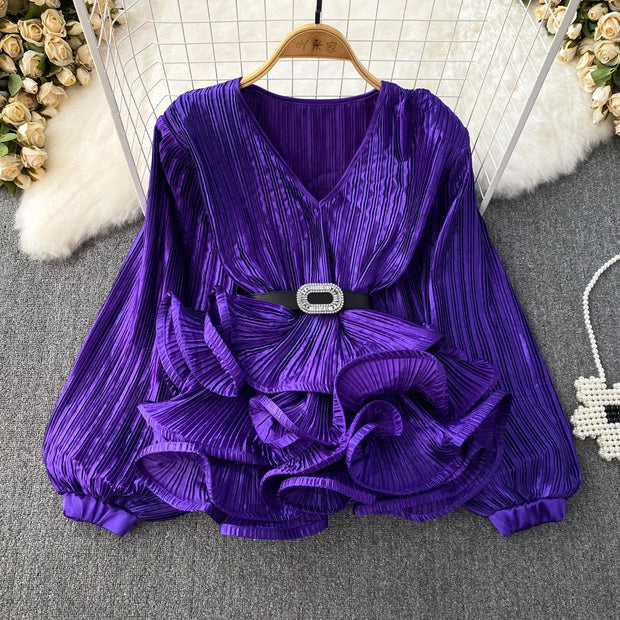Lantern Sleeve V-Neck Ruffle Blouse