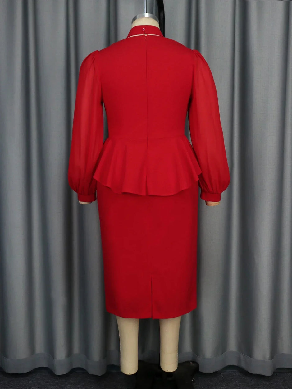 Elegant Red Square Collar Peplum Party Dress