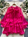 Summer Ruffle Bow Lantern Sleeve Chiffon Blouse