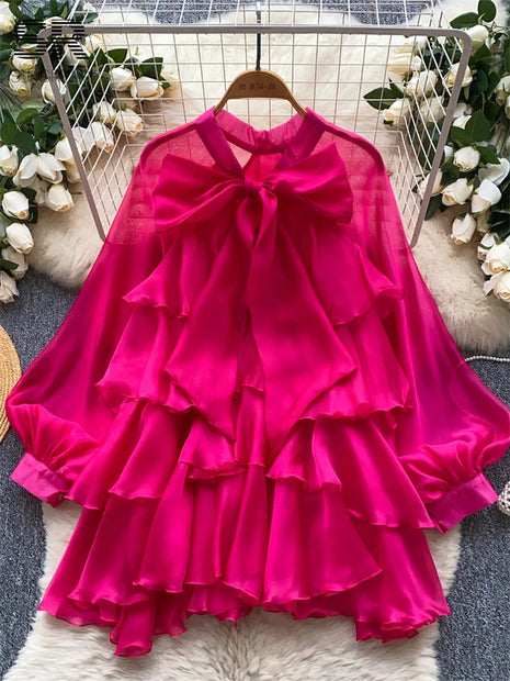 Summer Ruffle Bow Lantern Sleeve Chiffon Blouse