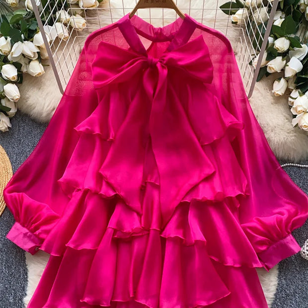 Summer Ruffle Bow Lantern Sleeve Chiffon Blouse