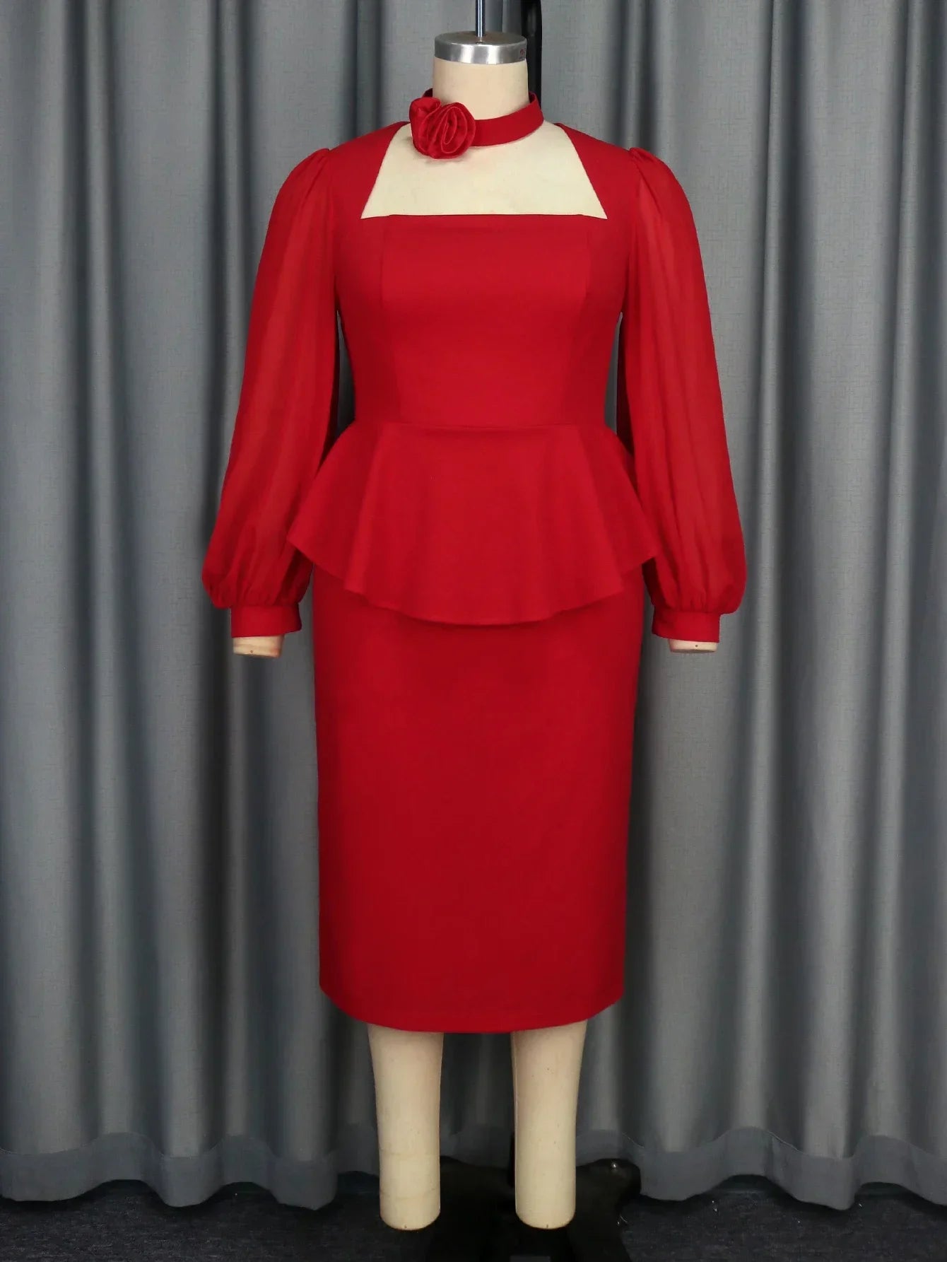 Elegant Red Square Collar Peplum Party Dress
