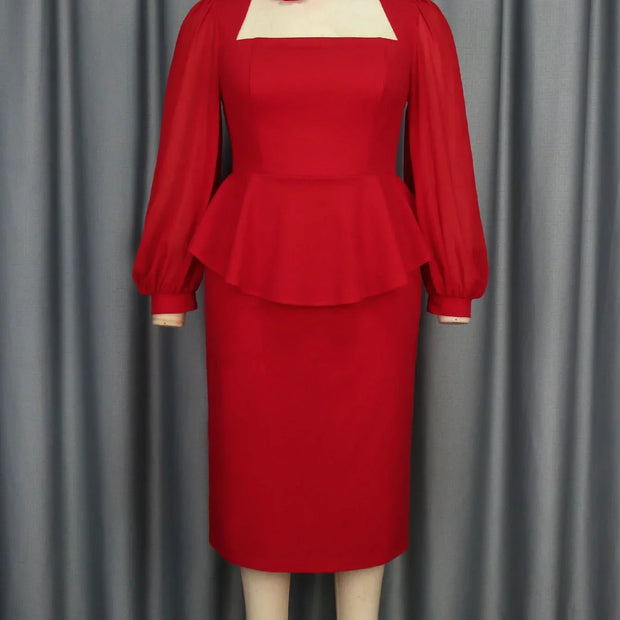 Elegant Red Square Collar Peplum Party Dress