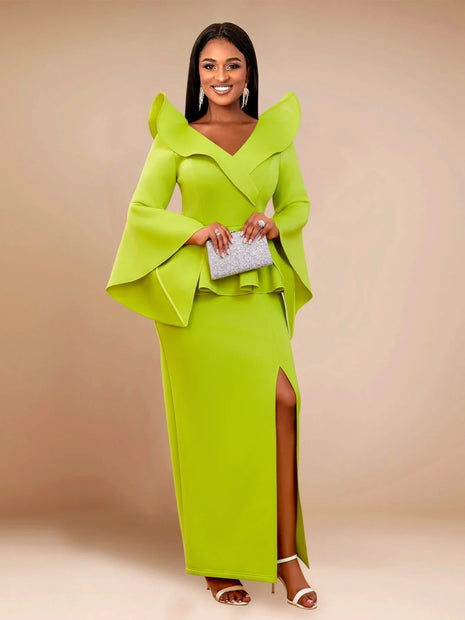 Elegant Green Ruffle Slit Gown