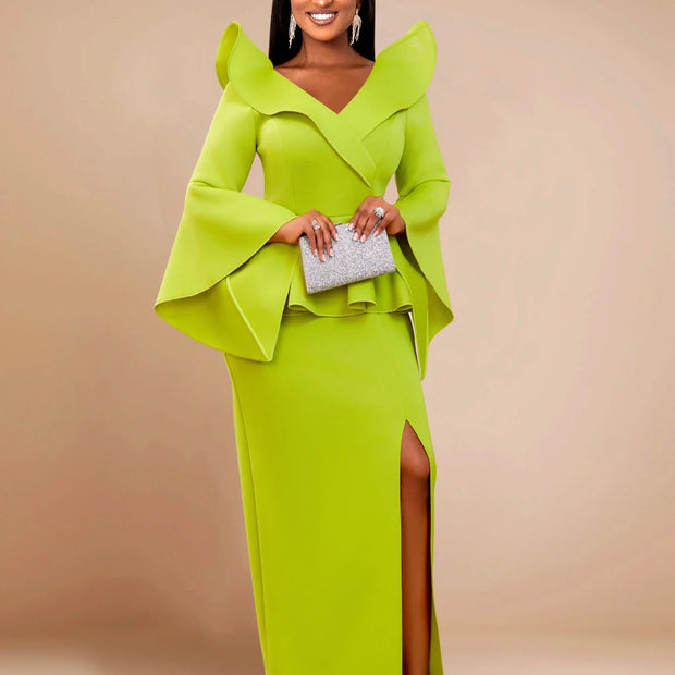 Elegant Green Ruffle Slit Gown