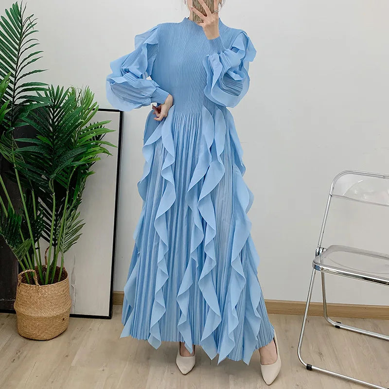 Fashion Ruffle Flare Pleated Maxi Dress
