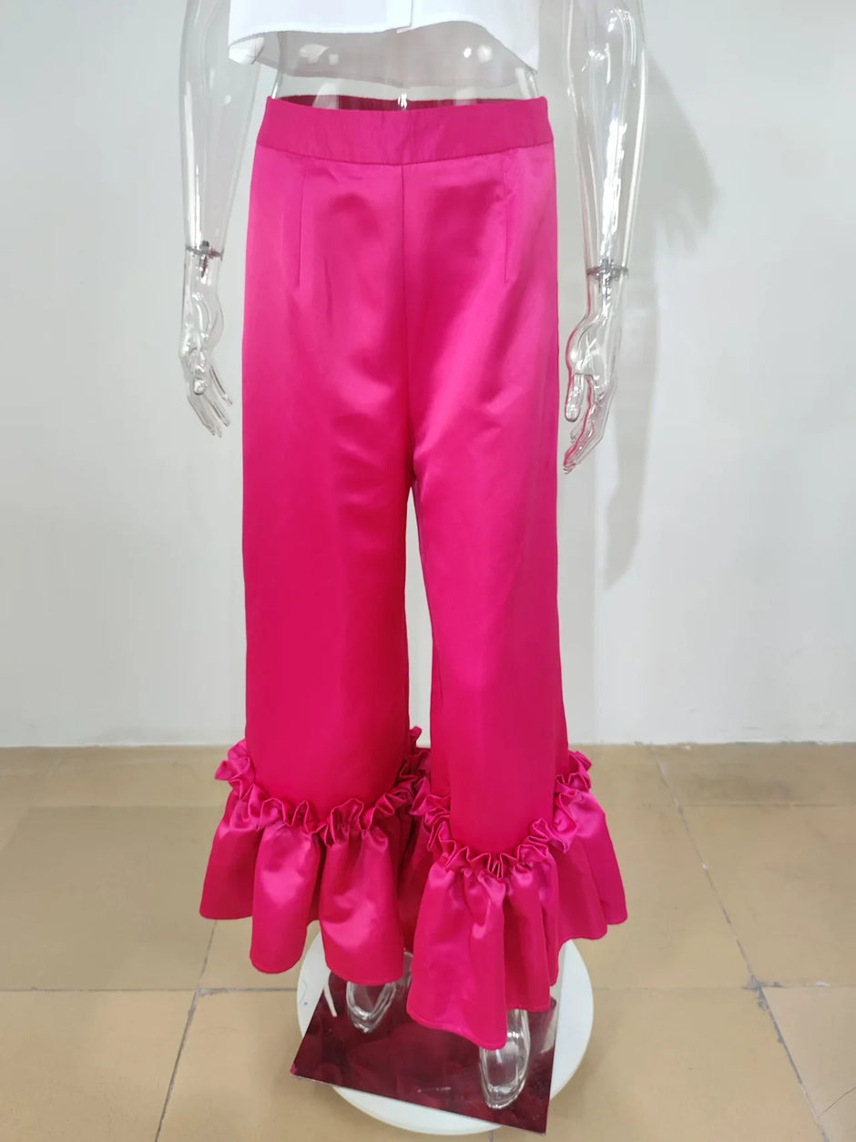 Elegant High-Waist Ruffle Hem Wide-Leg Pants