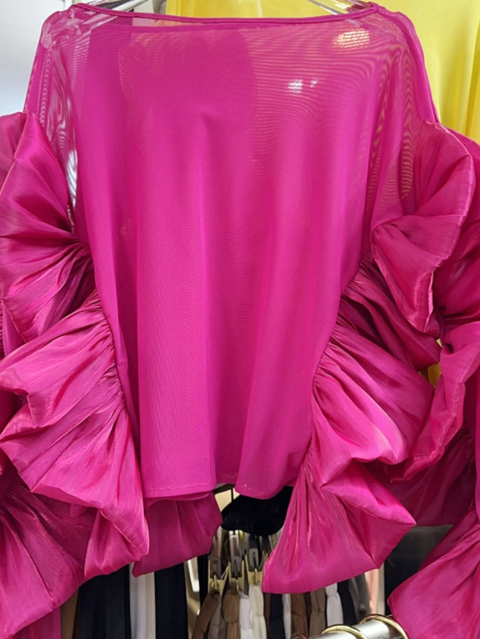 Wave Shirring Hollow-Out Blouse