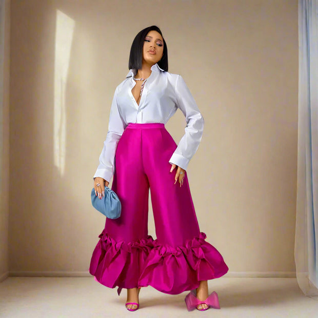 Elegant High-Waist Ruffle Hem Wide-Leg Pants