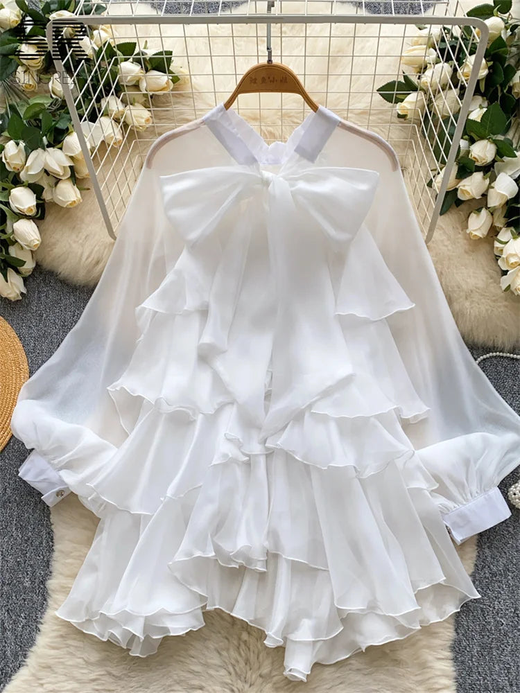 Summer Ruffle Bow Lantern Sleeve Chiffon Blouse