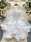Summer Ruffle Bow Lantern Sleeve Chiffon Blouse