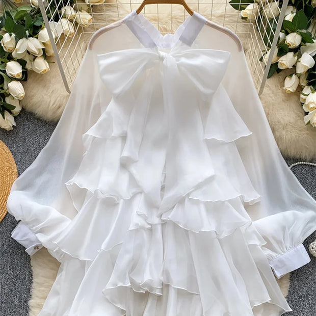 Summer Ruffle Bow Lantern Sleeve Chiffon Blouse