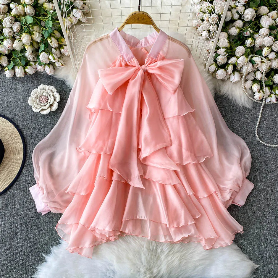 Summer Ruffle Bow Lantern Sleeve Chiffon Blouse