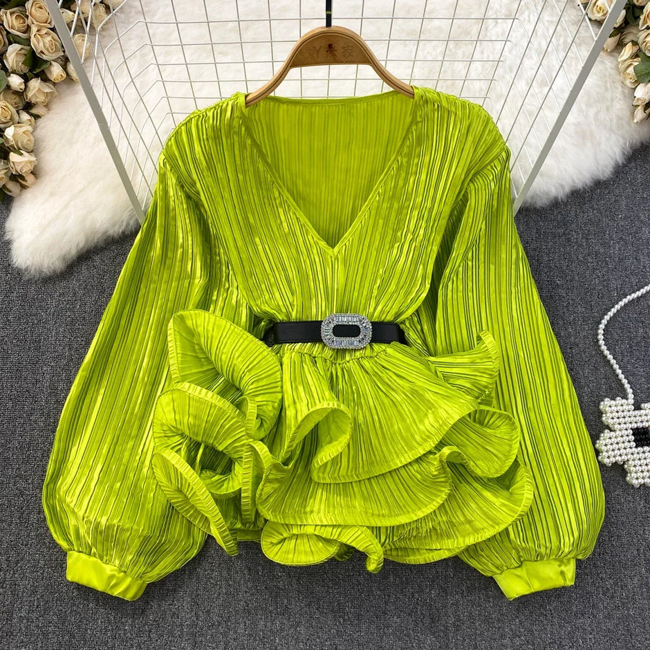 Lantern Sleeve V-Neck Ruffle Blouse