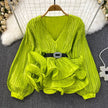 Lantern Sleeve V-Neck Ruffle Blouse