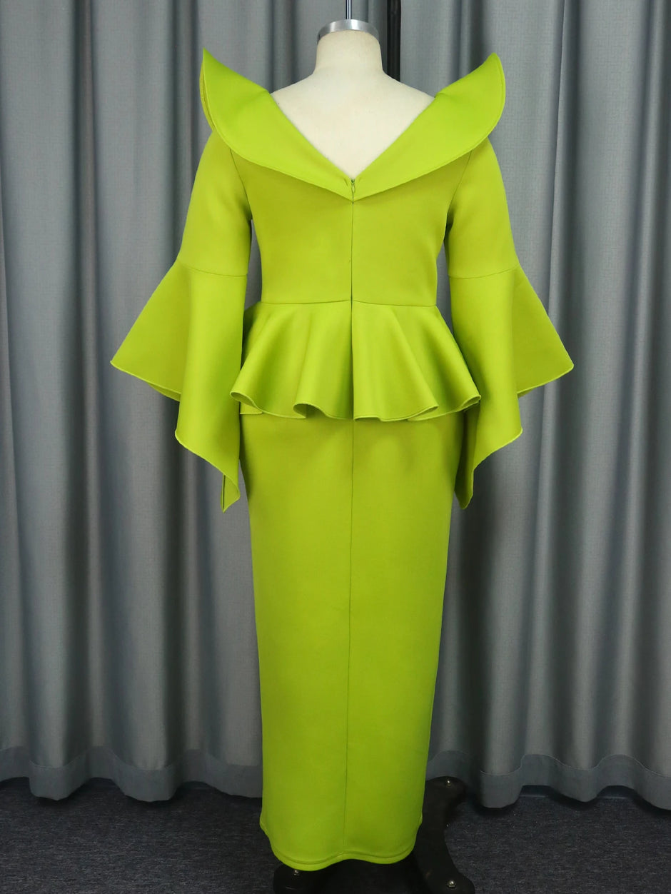 Elegant Green Ruffle Slit Gown