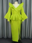 Elegant Green Ruffle Slit Gown