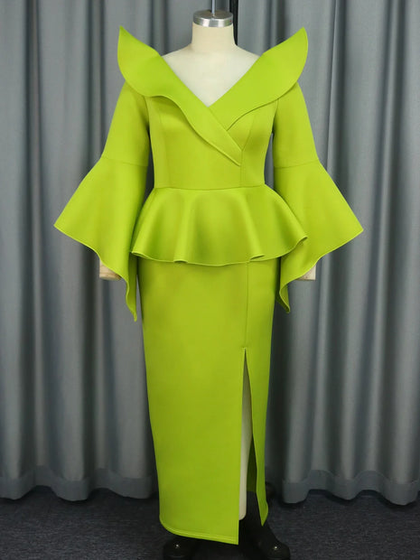 Elegant Green Ruffle Slit Gown