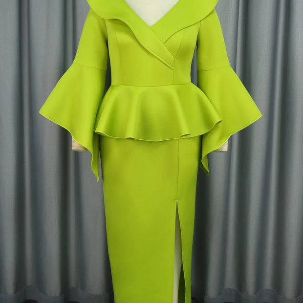 Elegant Green Ruffle Slit Gown