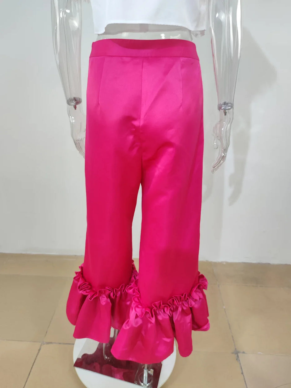 Elegant High-Waist Ruffle Hem Wide-Leg Pants