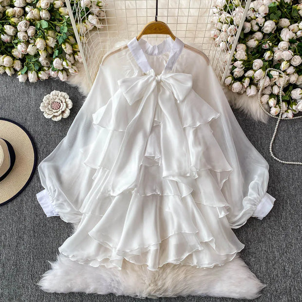 Summer Ruffle Bow Lantern Sleeve Chiffon Blouse