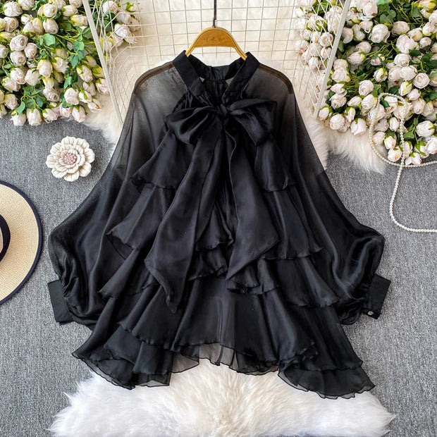 Summer Ruffle Bow Lantern Sleeve Chiffon Blouse