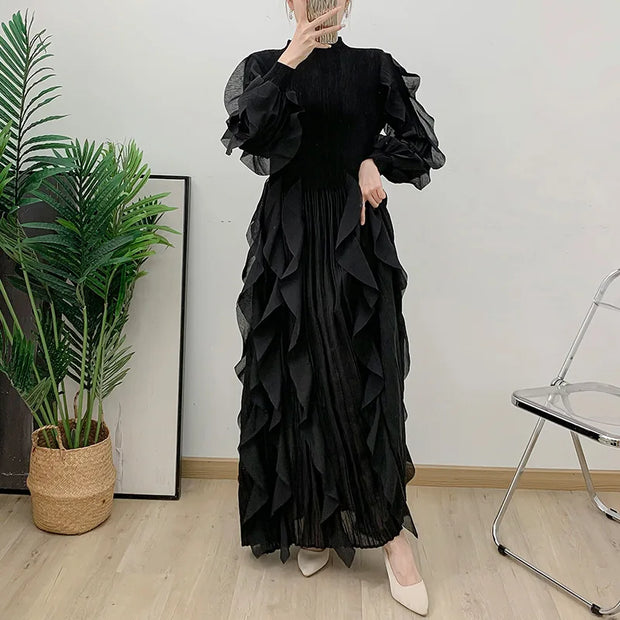 Fashion Ruffle Flare Pleated Maxi Dress