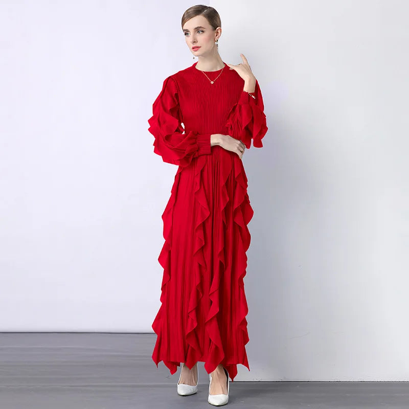 Fashion Ruffle Flare Pleated Maxi Dress