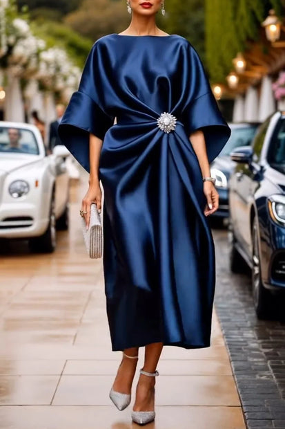 Elegant Champagne Cocktail Party Satin Midi Dress